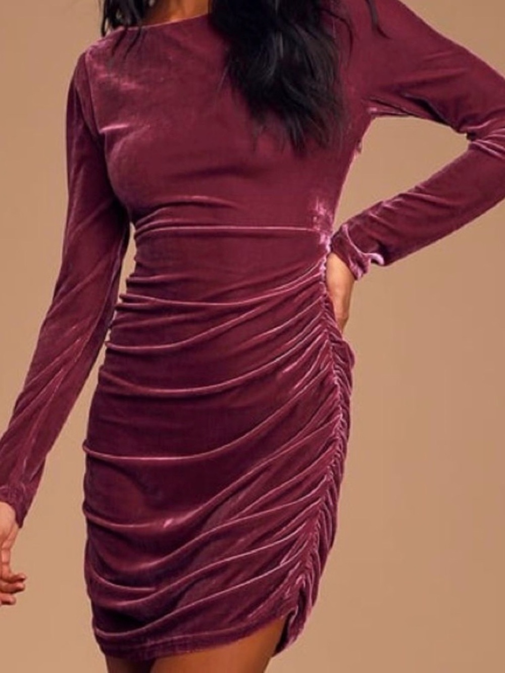Lulu's Long-Sleeve Velvet Dress in Deep Magenta